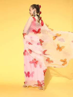Cream Printed Organza Saree With Blouse 2