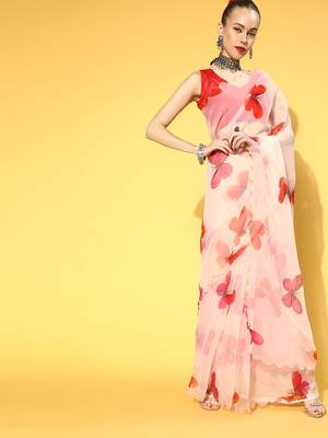 Cream Printed Organza Saree With Blouse 3