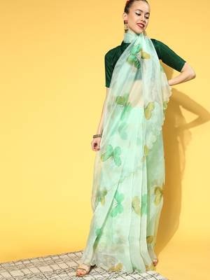 Light parrot green printed organza saree with blouse 1