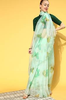 Light parrot green printed organza saree with blouse