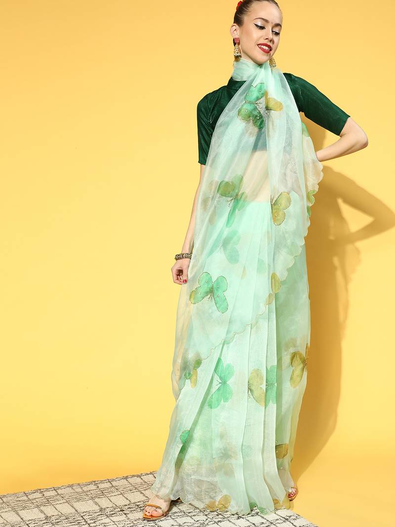 Light parrot green printed organza saree with blouse