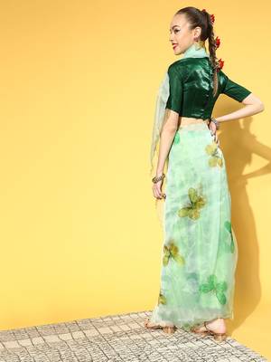 Light parrot green printed organza saree with blouse 2