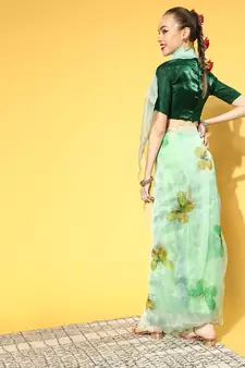 Light parrot green printed organza saree with blouse