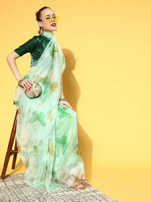 Light parrot green printed organza saree with blouse 3