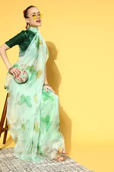 Light parrot green printed organza saree with blouse