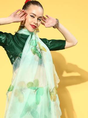 Light parrot green printed organza saree with blouse 4