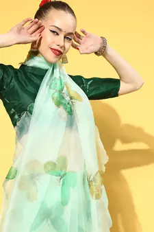 Light parrot green printed organza saree with blouse