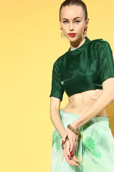 Light parrot green printed organza saree with blouse