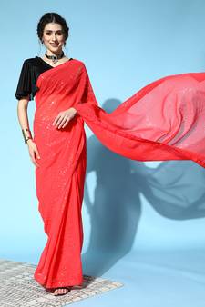 Crimson plain georgette saree with blouse