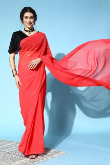 Crimson plain georgette saree with blouse