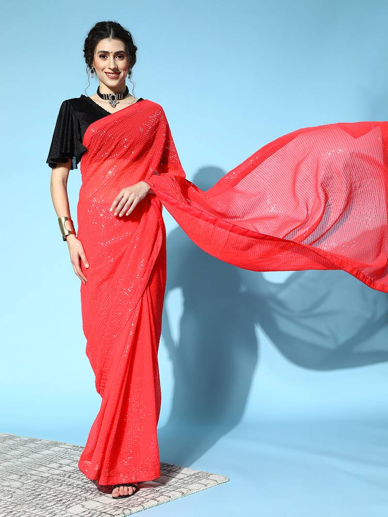 Crimson plain georgette saree with blouse