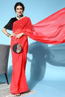 Crimson plain georgette saree with blouse