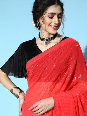 Crimson plain georgette saree with blouse 4