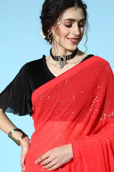 Crimson plain georgette saree with blouse