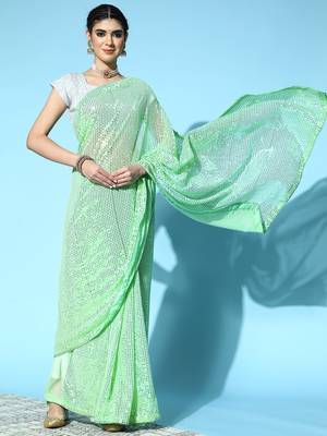 Light Parrot Green Plain Georgette Saree With Blouse 1