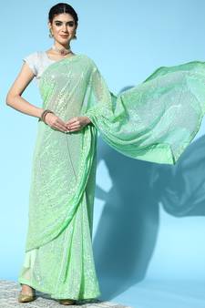 Light Parrot Green Plain Georgette Saree With Blouse