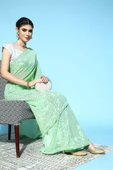 Light Parrot Green Plain Georgette Saree With Blouse