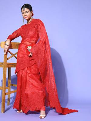 Red embroidered organza saree with blouse 2