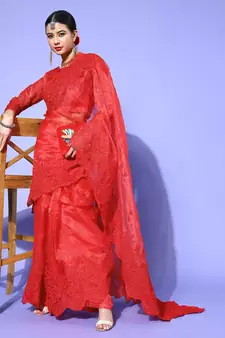 Red embroidered organza saree with blouse