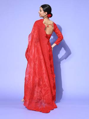 Red embroidered organza saree with blouse 3