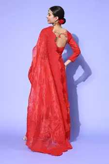 Red embroidered organza saree with blouse