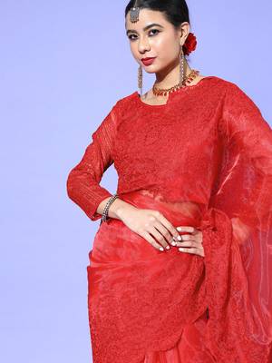 Red embroidered organza saree with blouse 4
