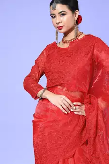 Red embroidered organza saree with blouse