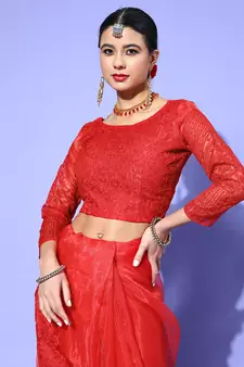 Red embroidered organza saree with blouse