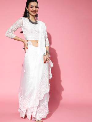 White Organza Threadwork Saree 1