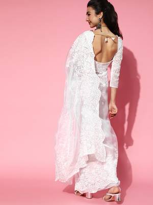 White Organza Threadwork Saree 2