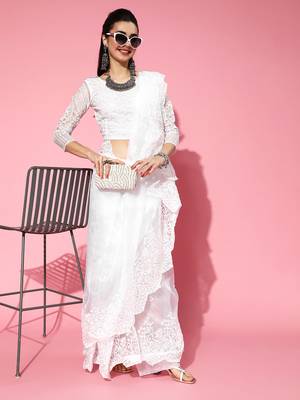 White Organza Threadwork Saree 3