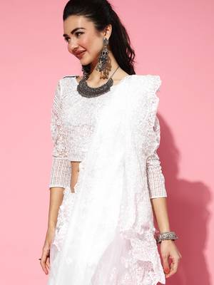 White Organza Threadwork Saree 4