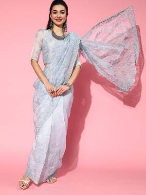 Grey Embroidered Organza Saree With Blouse 1