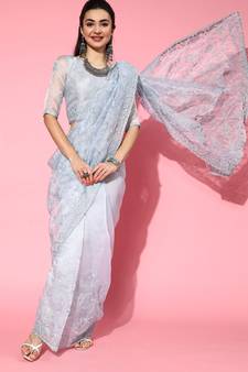 Grey Embroidered Organza Saree With Blouse