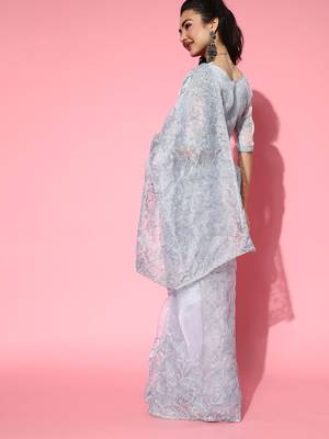 Grey Embroidered Organza Saree With Blouse 2