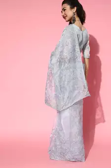 Grey Embroidered Organza Saree With Blouse
