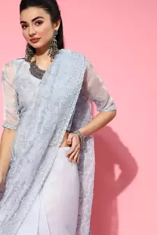 Grey Embroidered Organza Saree With Blouse