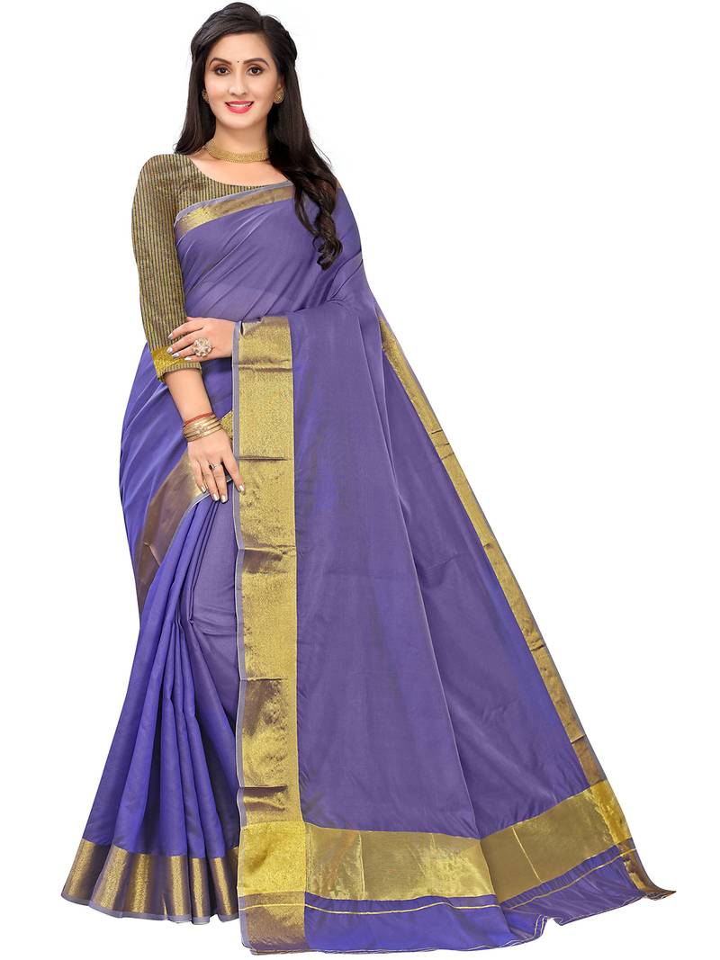 Leeza Store Women's Baby Pink Cotton Blend Kerala Kasavu Solid Plain Golden Zari Border Saree