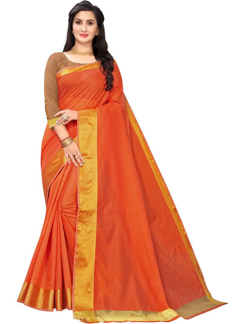 Leeza Store Women's Baby Pink Cotton Blend Kerala Kasavu Solid Plain Golden Zari Border Saree