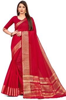 Leeza Store Women's Red Cotton Linen Jacquard Zari Border Plain Solid Mysore Saree