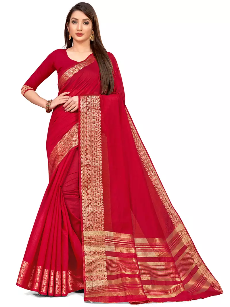 Leeza Store Women's Red Cotton Linen Jacquard Zari Border Plain Solid Mysore Saree