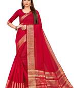 Leeza Store Women's Red Cotton Linen Jacquard Zari Border Plain Solid Mysore Saree