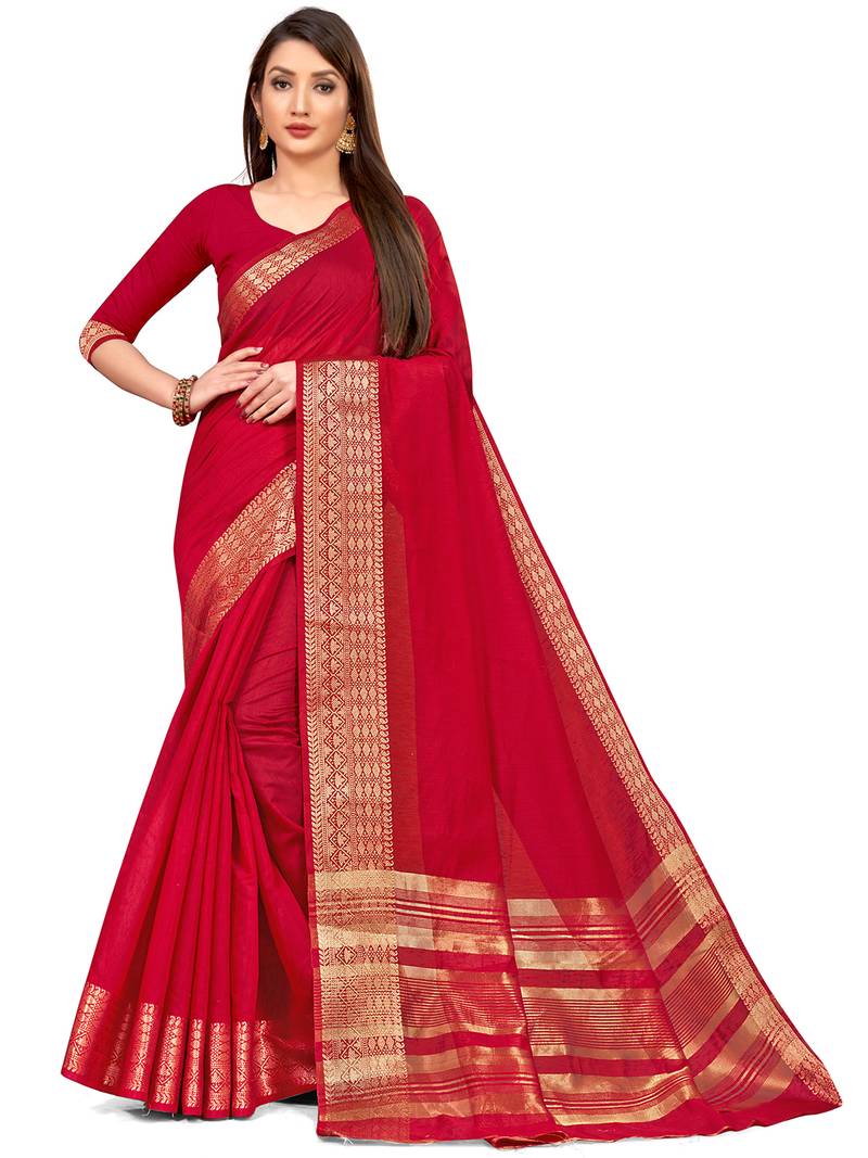 Leeza Store Women's Red Cotton Linen Jacquard Zari Border Plain Solid Mysore Saree