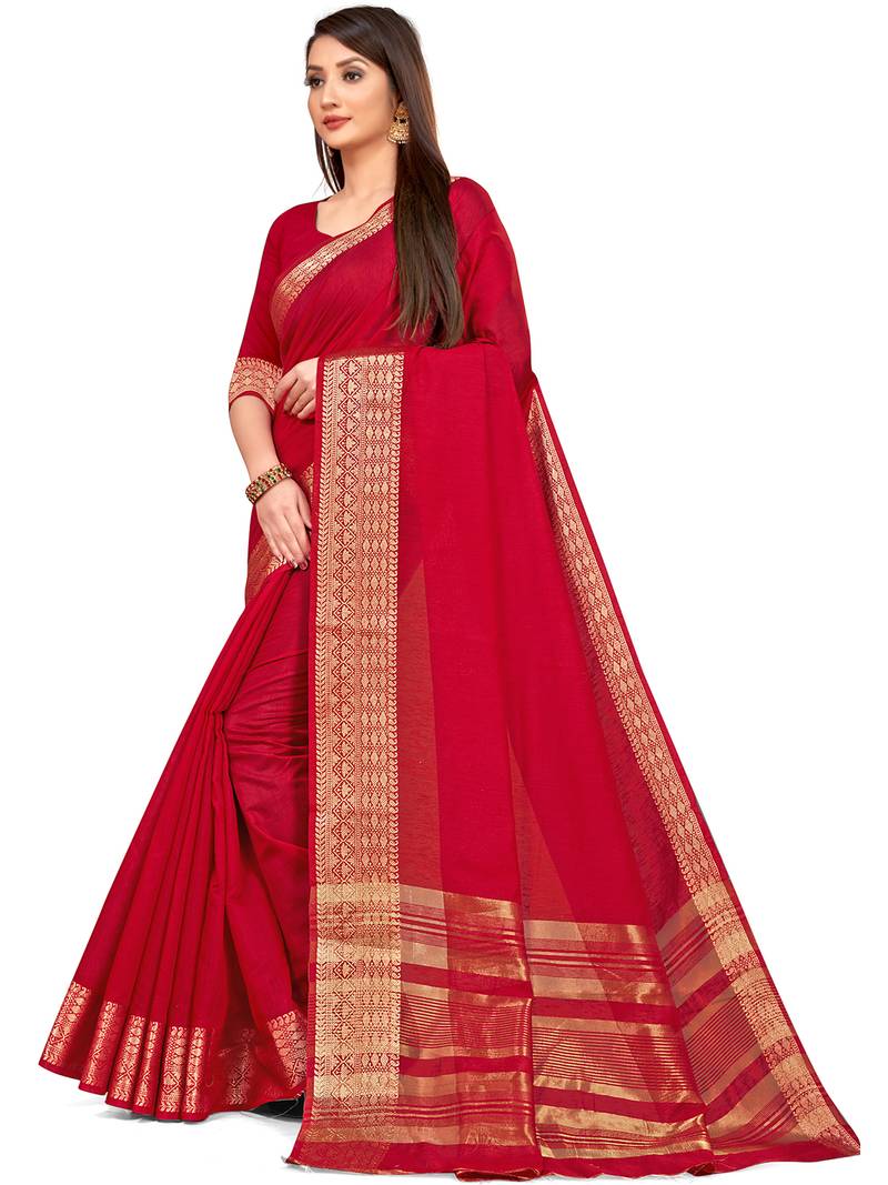Leeza Store Women's Red Cotton Linen Jacquard Zari Border Plain Solid Mysore Saree