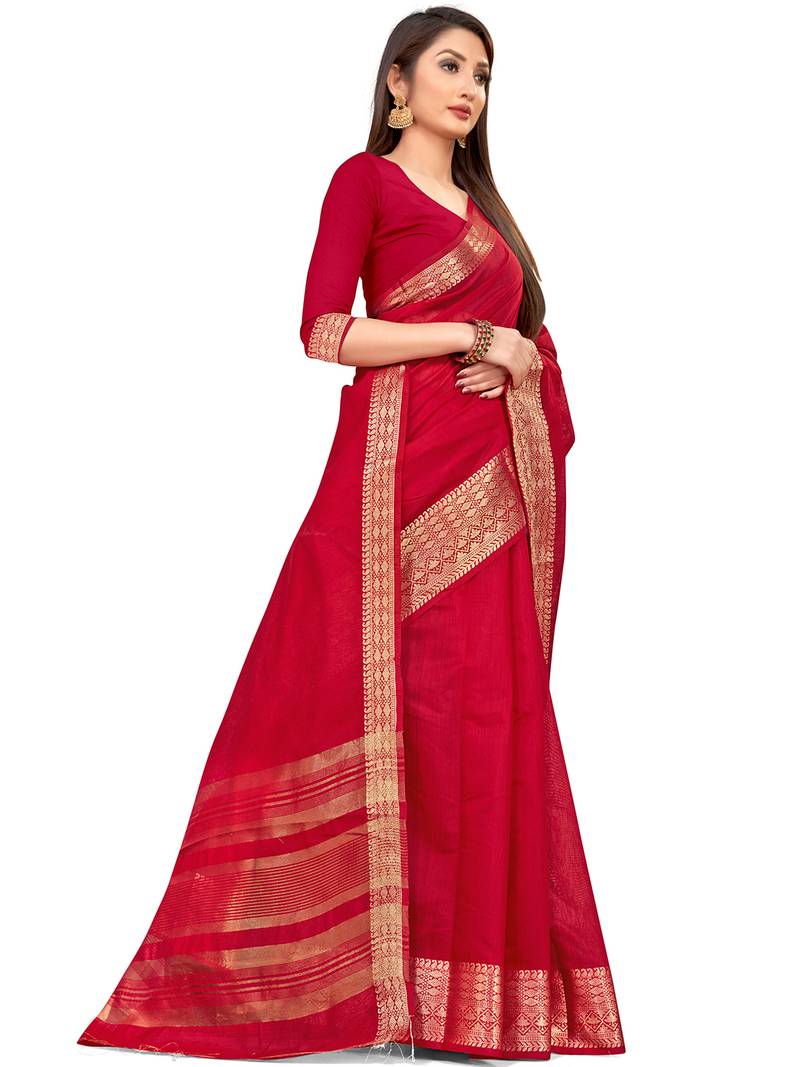 Leeza Store Women's Red Cotton Linen Jacquard Zari Border Plain Solid Mysore Saree