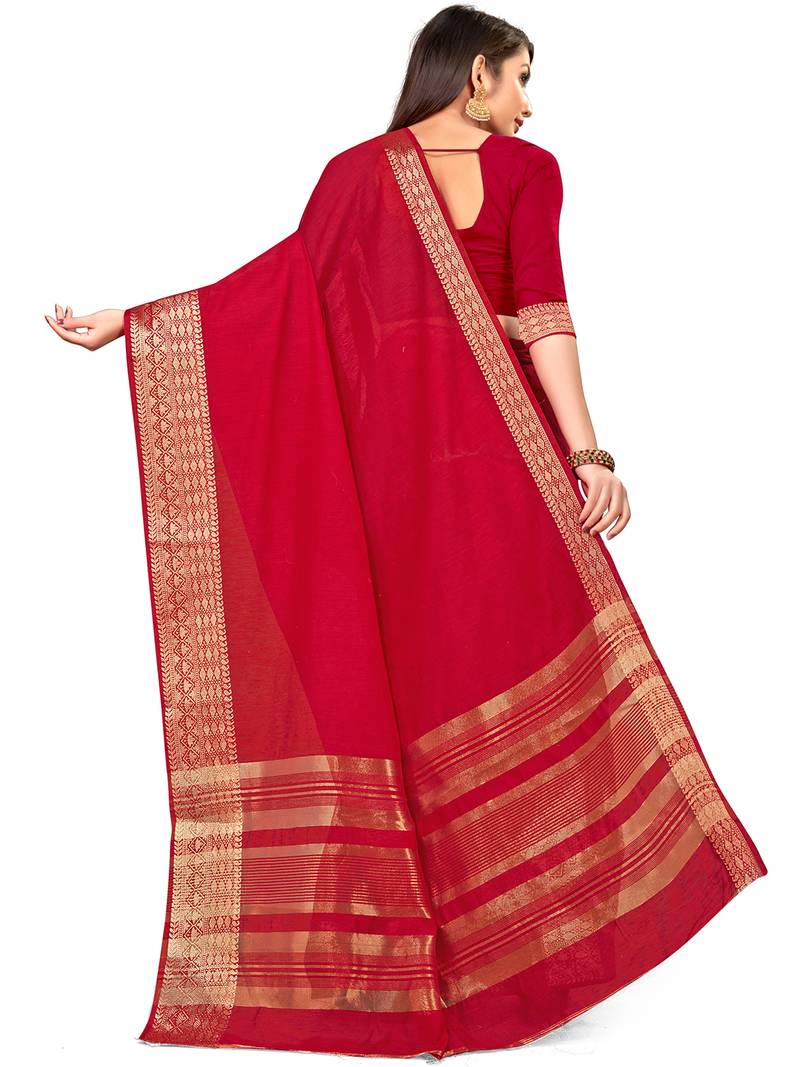 Leeza Store Women's Red Cotton Linen Jacquard Zari Border Plain Solid Mysore Saree
