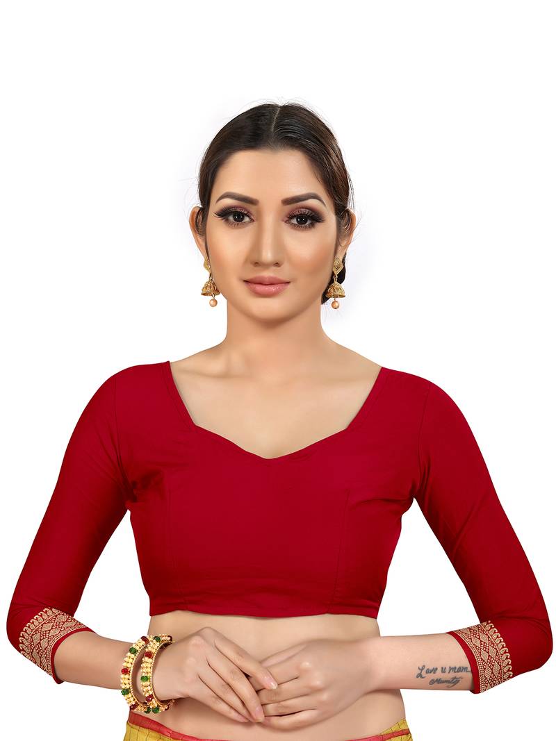 Leeza Store Women's Red Cotton Linen Jacquard Zari Border Plain Solid Mysore Saree