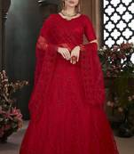 Red thread embroidery net semi stitched lehenga