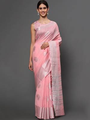 Leeza Store Women'S Light Pink Tissue Silk Silver Zari Floral Motifs Saree With Blouse Piece 1