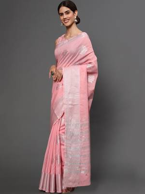 Leeza Store Women'S Light Pink Tissue Silk Silver Zari Floral Motifs Saree With Blouse Piece 2